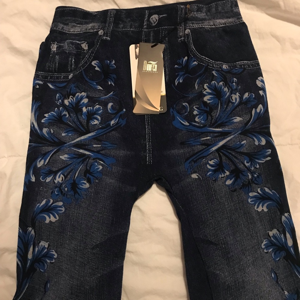 CRYSTAL fashion leggings original design (Blue and white flowers)Made in Italy